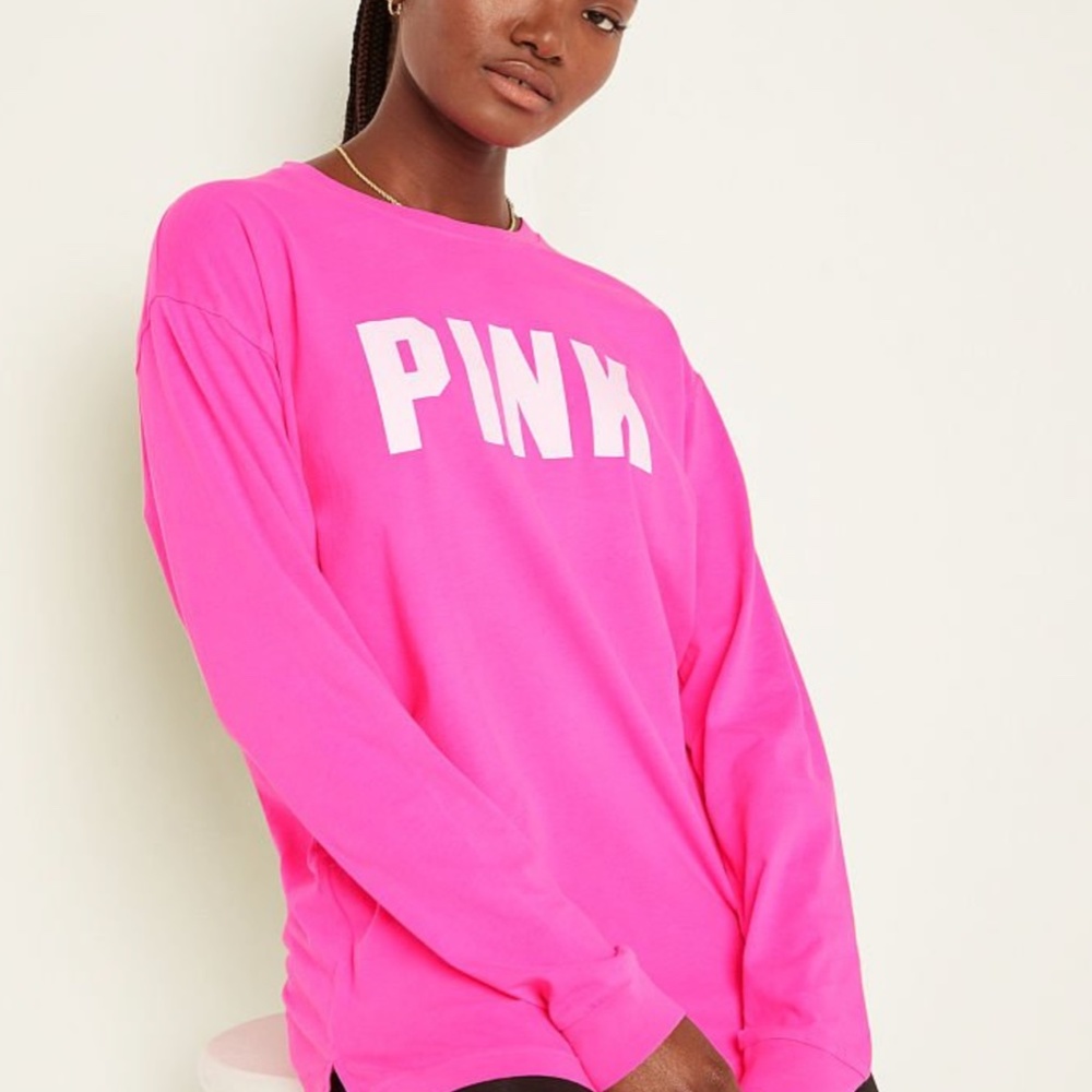 NWT Victorias Secret ATOMIC PINK Long Sleeve Campus T Shirt Barbie Pink